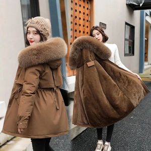 Kadınlar aşağı parkas kış ceket kadınlar parka moda uzun ceket yün astar kapşonlu ince kürk yakalı sıcak kar aşınma yastıklı kıyafetler 231206