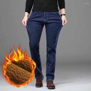 Мужские джинсы, теплые синие высококачественные хлопковые брюки прямого кроя из эластичной джинсовой ткани, мужские брендовые брюки размера плюс 42, 44, 46