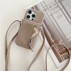 Luxury Crossbody Litchi Pattern Zipper Mirror Phone Case for iPhone 15 Plus 14 13 12 11 Pro Max XR XS Card Slot Lychee Print Leather Wallet Chain Bracket Back Shell