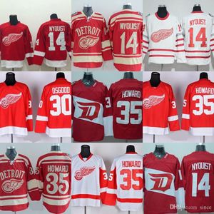 Factory Outlet Masculino Detroit Red Wings # 14 Gustav Nyquist # 30 Osgood # 35 Jimmy Howard Vermelho Branco Melhor Qualidade camisas de hóquei no gelo frete grátis