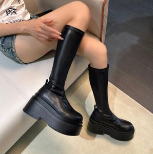 Plateaustiefel für Damen, kniehoch, mittlere Wade, klobiger Absatz, modische Mädchen-Schuhe, Herbst- und Sommerstiefel, Slip-On, brandneue Gothic-Stiefel