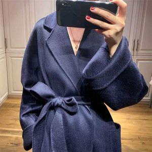 Luxury Coat Maxmaras 101801 Pure Wool Coat Labbro Dubbelsidig Pure Cashmere Coat Women's French High -Navy Blue Hepburn Long Fleece Coateypl0gsws