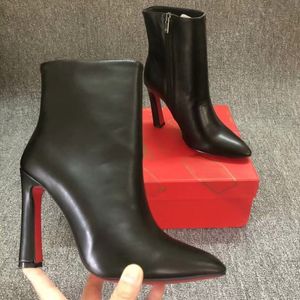 Designer-High-Heels-Stiefel, rote, glänzende Unterseite, dicker Absatz, spitze Zehenpartie, schwarzes, mattes Echtleder, Luxus-Halbstiefel, Größe 35–43