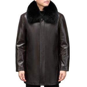 Jaqueta superdimensionada de meia idade, jaqueta de couro genuíno masculina Haining, jaqueta com forro interno destacável de comprimento médio, jaqueta com gola de raposa