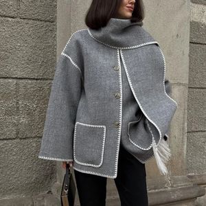 Women's Jackets Women Splice Coat With Scarf Chic Long Sleeve Solid Quilted Thick Jacket Loose Autumn Winter Warm Streetwear 231205