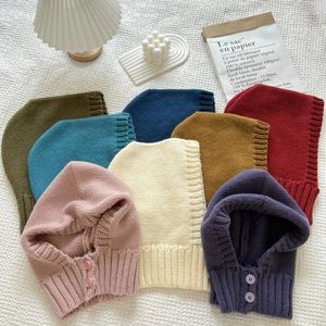 Berets Autumn Winter Korea Button Balaclava Hat Neck Cover Integrated Protection Small Scarf Women Knitted Bomber