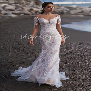 Fairy Lace Mermaid Wedding Dress Long Sleeve Sweep Train Elegant Garden Applique Wedding Gowns Button Illusion Country Rustic Mariage Vestios De Casamento 2024