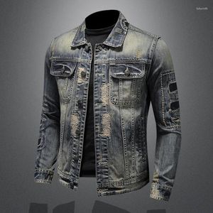 Laimen 's Jackets Denim Jacket Spring Autumn Europe 및 미국 찢어진 패치 빈티지 마모 오토바이 착용