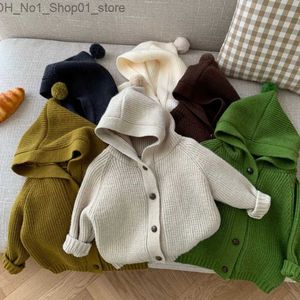 Cardigan Autumn Kids sweaters solid color hooded Girls knitwear Boys Loose Knit Cardigan Q231206