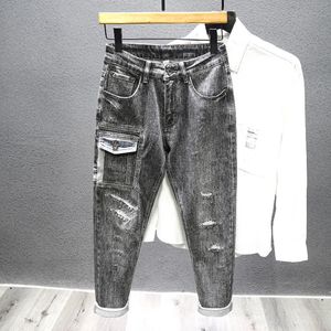 Herr jeans smala jeans män rippade hål lappficka personlighet ungdom byxor mode streetwear hip hop rock denim byxor 231206