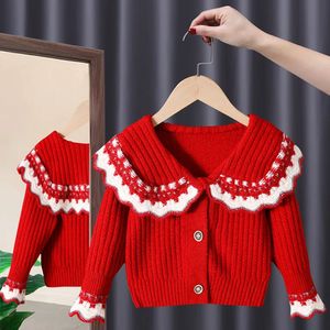 Cardigan Korean Autumn Winter Infant Girl Sweater Cotton Thicken Peter Pen Collar Kids Girls Cardigan Floral Cuff Princess Belle Knitwear 231206