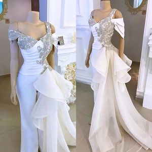 Chic White Prom Jumpsuit with Crystal Detailing and Detachable Side Peplum Tail 2024 Off shoulder Mermaid Evening Gown Pant Suit For Women