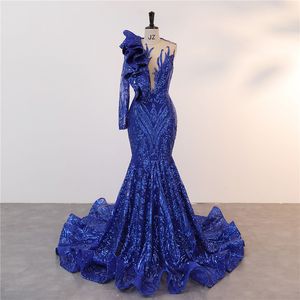 New Royal Blue Dark Green Mermaid Prom Dresses Sparkle Sheer Neck Long Sleeve Sequins Lace Appliques Ruffles Long Evening Gowns BM3500