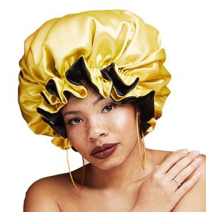 Grande feminino cetim cuidados com o cabelo gorro moda dupla camada de seda grande touca de banho gorros para senhora noite sono boné cabeça envoltório acessórios de cabelo