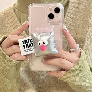 Cell Phone Cases Ins Cute 3D Down Jacket Funny Pillow Bracket Clear Case For iPhone 15 14 13 12 11 Pro Max X XR Plating Button Protective Cover J240418
