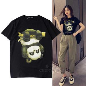 Chun yu yin jia New brand Designer High Quality clothes funny cute Print Panda Pattern Short-Sleeve graphic cotton tshirt Black White women tee couple wear