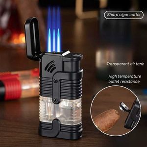 Windproof Three Flame Inflatable Lighter Butane No Gas Outdoor Convenient Igniter with Cigar Knife Men's Gift
