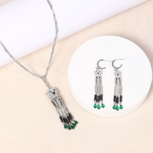 Designer Collection Fashion Style Earrings Necklace Women Lady Inlay Full Diamond Leopard Head Green Cubic Zircon Pear-shaped Tassels Pendant Jewelry Sets