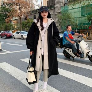 Women's Wool Blends X-Long Blends Coats Women Fake Two Piece Hooded Clothes Korean Fashion Winter Long Sleeve Office Ladies All-Match Minimalist Ins 231206