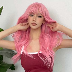 yielding New wig with full bangs pink long curly hair full head cover high comeback rate cosplay