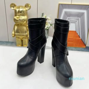 Ankle Boot platform boots round Toe high heel booties buckle solid color Genuine Leather zipper closure chunky boot women factory footwear