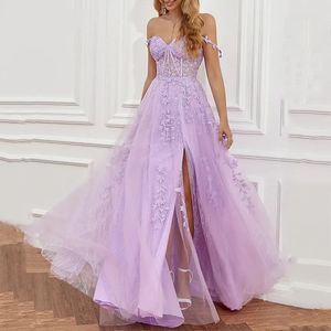 2024 Classic Lilac Exquisite Evening Dress Sweetheart Straps A-Line Spets Appliques Silt Tulle formella prom partyklänningar Abendkleider Robe de Soriee