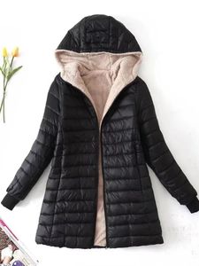 Mulheres para baixo parkas jaqueta inverno meados de comprimento edição coreana com capuz ajuste mais velo algodão casaco quente cordeiro jaquetas 231206