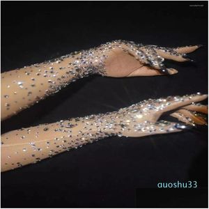 Five Fingers Gloves Women Sparkly Crystal Mesh Long Dancer Singer Nightclub Dance Stage Show Accessories Luxurious Stretch Rhineston Dhhvp