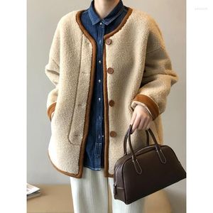 Women's Fur French Lamb Wool Color Matching Coat Winter Korea Simple Casual Basic Long Sleeve Chic Loose Double Faced Lady