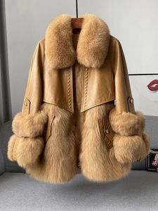 Women's Leather Faux Big fur collar genuine leather jacket women winter 2023 sheepskin allinone down lining luxury coat 231205