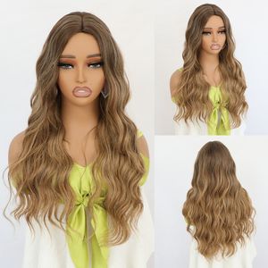 Long Wavy Heat Resistant Synthetic Wigs Brown Blonde Ombre No Lace Wigs Highlights Natural Full Body Wave Hair Wig Glueless for Fashion Women Party Daily 24 inches