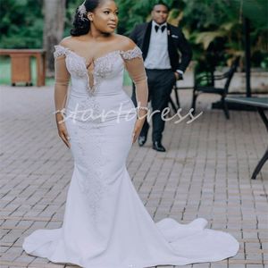 Crystal Plus Size Mermaid Wedding Dress Off Shoulders Illusion Långärmad sydafrikanska brudklänningar Satin Elegant Country Style Brudklänning Vestido de Novia