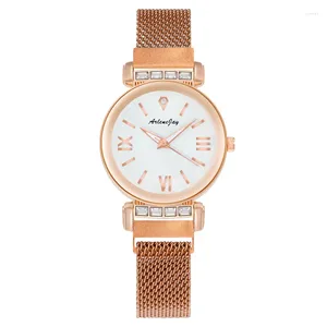 Armbanduhren Retro Runde Quarz Mattiert Strass Zifferblatt Casual Uhren Edelstahl Net Strap Modische Uhr Wasserdichte Armbanduhr Für Frauen