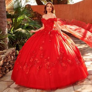Kırmızı parlak balo elbisesi quinceanera omuz dantel aplike elbiseler 3D çiçekler ile cape korse best vestidos de 15 anos resmi doğum günü