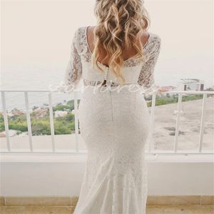 Romantyczna sukienka ślubna Fulllace Elegancka dwuczęściowa sukienka Boho Bride 2024 Długie rękaw Backless Rustic Country Gardal suknie ślubne Illusion Secion Beach Vestido de noiva