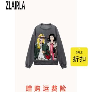 Women's Hoodies Sweatshirts Za Women's Autumn and Winter New Product Lazy Style Loose Washed Effect Girl's Printed Round Neck Long Sleeved Sweater 1131819