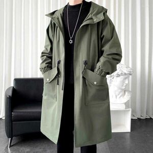 Casacos De Trincheira Masculinos Primavera Outono Exército Verde Blusão Moda Mid-length Casual Casaco Com Capuz Masculino Diário High Street Overcoat Masculino Roupas