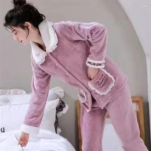 Женская одежда для сна 2024, зимние фланелевые пижамы, утепленная бархатная домашняя одежда, теплая осенняя домашняя одежда, костюм из двух предметов, коралловое кружево