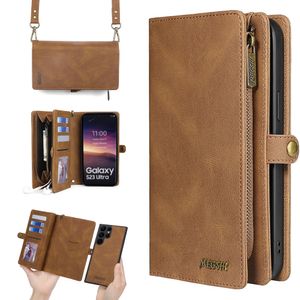 Capa de couro com flip magnético para cartão carteira premium para Samsung Galaxy S23 S22 S21 Ultra Plus Bolsa destacável com zíper crossbody cordão para vários cartões capa de telefone