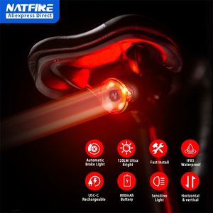 Bike Lights NATFIRE A09 Bicycle Smart Auto Brake Sensing Light USB C Charging LED Cycling Taillight Rear Warn 231206