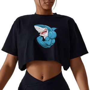 Lu Lu Lemon Justera alla din beskurna gymkläderhaj Anime Kort ärmkvinnor T-shirt Mjukt tyg Löst passform med Running Fitness Crop Top