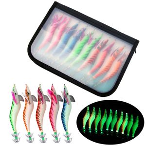 Nowe przynęty Przynęty 2.5# 3.0# 3.5# Kątki Luminous Drewno Krewetki Bait 3D Oczy Squid Jig Hook Fluorescencyjny Łowód