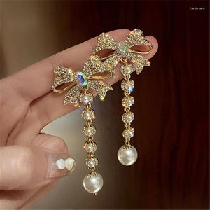 Dingle örhängen koreansk stil bowknot strass för kvinnor lång tofs pärla bröllop fest smycken
