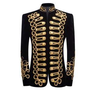 Männer Schwarz Gold Stickerei Samt Blazer Bräutigam Hochzeit Party Anzug Jacke Stehkragen Doppel Knopf Smoking Mantel Sänger Bühne host Konzert Leistung Blazer