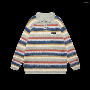 Men's Sweaters Autumn Winter Retro Polo Collar Color-blocked Striped Trendy Brand Loose Couple Casual Versatile Knitted Pullover