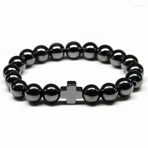 Länkarmband Hälsa Energi Elastisk Nature Magnetic Hematite Armband 10mm Rund pärla med Big Cross Bangle for Men smycken Party Gift