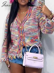 Kvinnors tröjor Jokaa 2023 Ny höst Rainbow Elegant Casual Knitted tröja Kvinnor Fashion Tassel Cardigan Vintage Causal Tops Outwear Jacket YQ231205