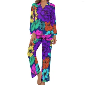 Women's Sleepwear Colorful Flower Pajamas Hibiscis Print Long Sleeve Fashion Pajama Sets 2 Piece Aesthetic Autumn Custom Birthday Gift