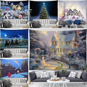 Tapestries Christmas Tapestry Snowman Santa Claus Xmas House Winter Forest Landscape Year Wall Hanging Home Living Room Sofa Decoration 231207