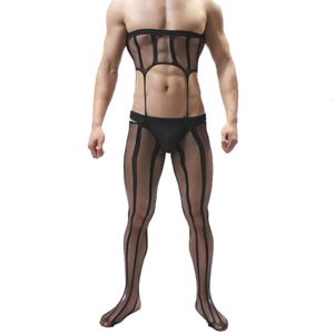 Macacão masculino sexy meia-calça plus size homem meias de corpo listrado lingerie para roupa interior masculina virilha aberta bodysuit